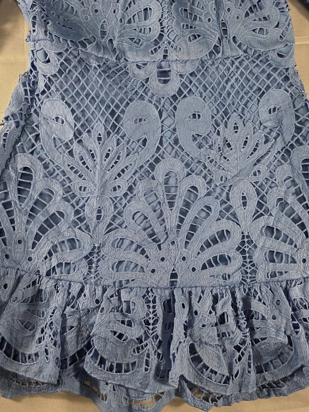 AQUA Blue Lace Mock Neck Long Sleeve Mini Dress Size L Romantic Ruffle Hem - Picture 6 of 10